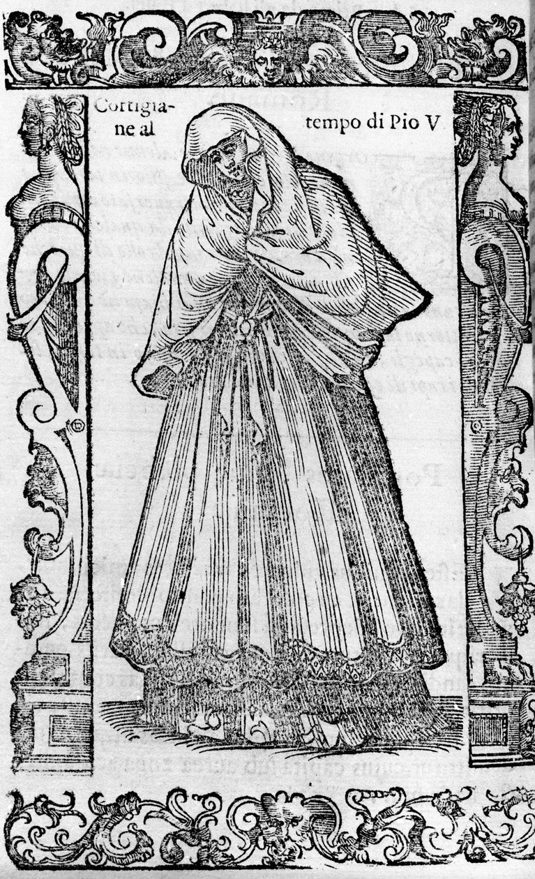 Renacimiento: una cortesana en la época del Papa Pío V (1566-1572). Grabado de “Trajes Modernos y Antiguos” de Cesare Vecellio de Cesare (attr. to) Vecellio