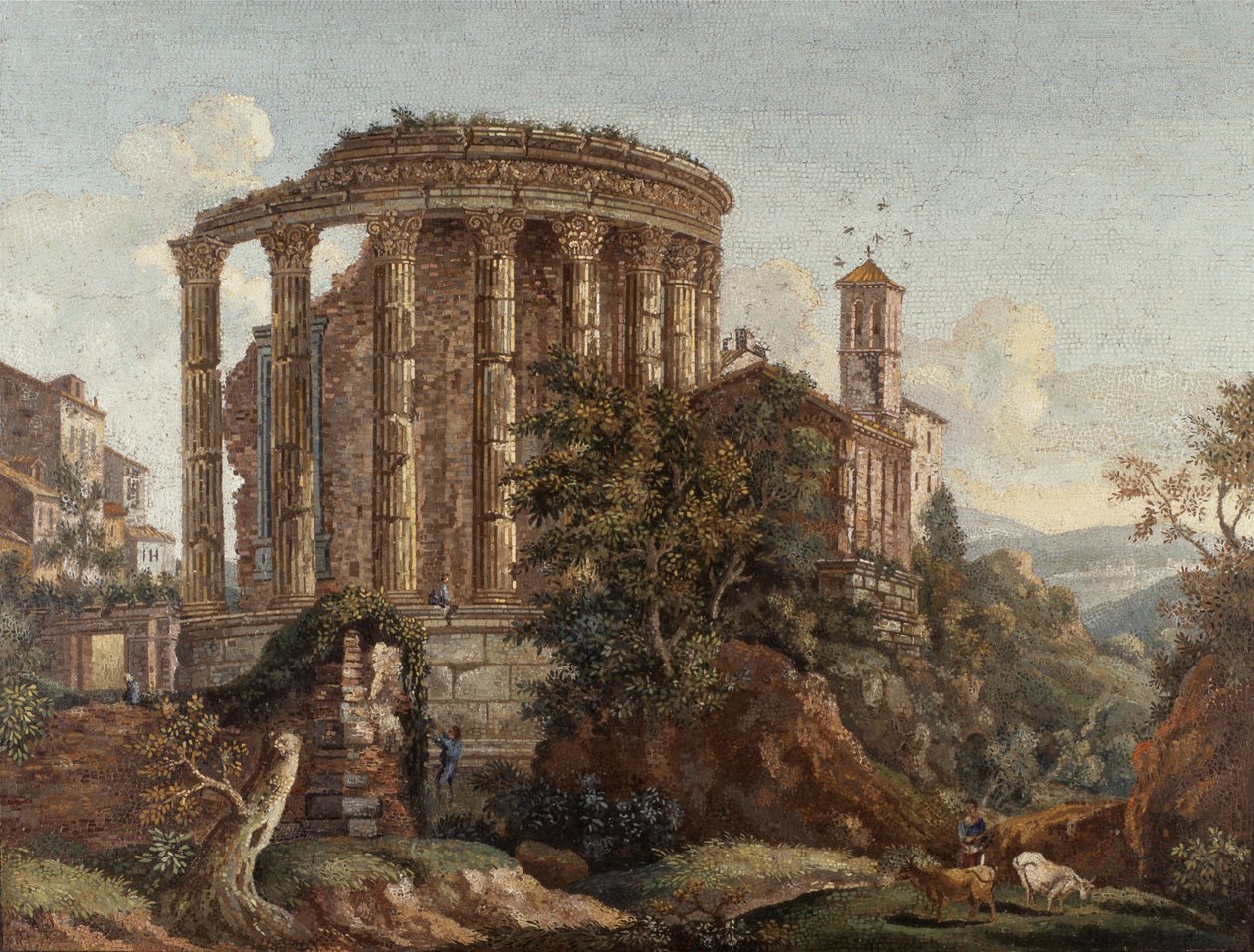 Uno de un par de cuadros romanos en micromosaico "El templo de Vesta", c.1774-75 (mosaico) de Cesare Aguatti