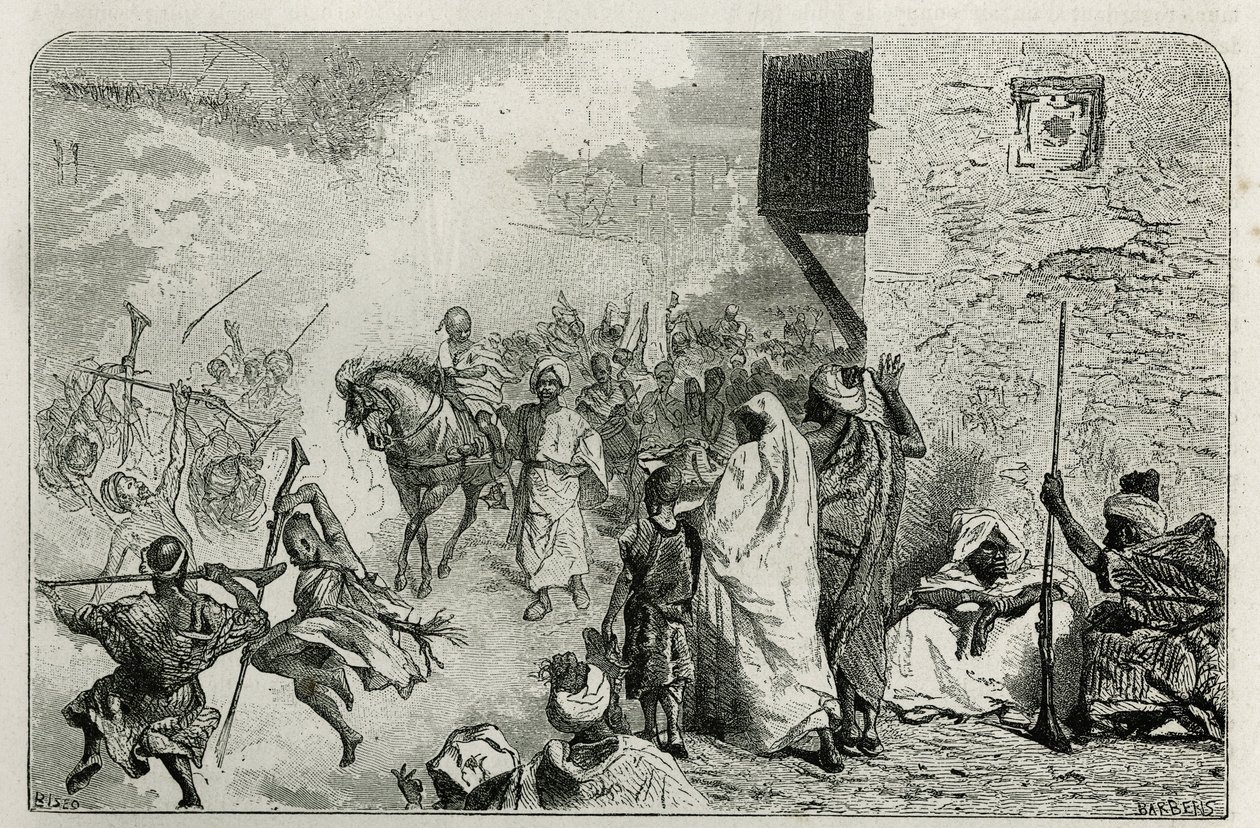 Un niño llevado en triunfo al regreso de la ceremonia de circuncisión, en medio de la multitud que dispara al aire, mientras grita y disfruta, grabado por C.Biseo para ilustrar la historia Le Maroc por Edmondo de Amicis, en de Cesare Biseo