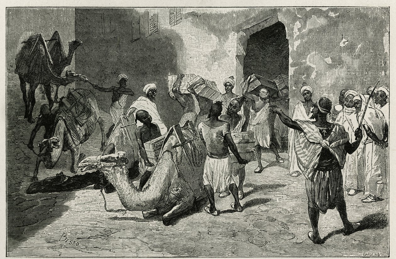 La carga de camellos de la caravana del autor de la historia, Atanger, grabado por Biseo, para ilustrar la historia Le Maroc por Edmondo de Amicis, en 1875, publicado en Le tour du monde, bajo la dirección de Edouard Charton de Cesare Biseo