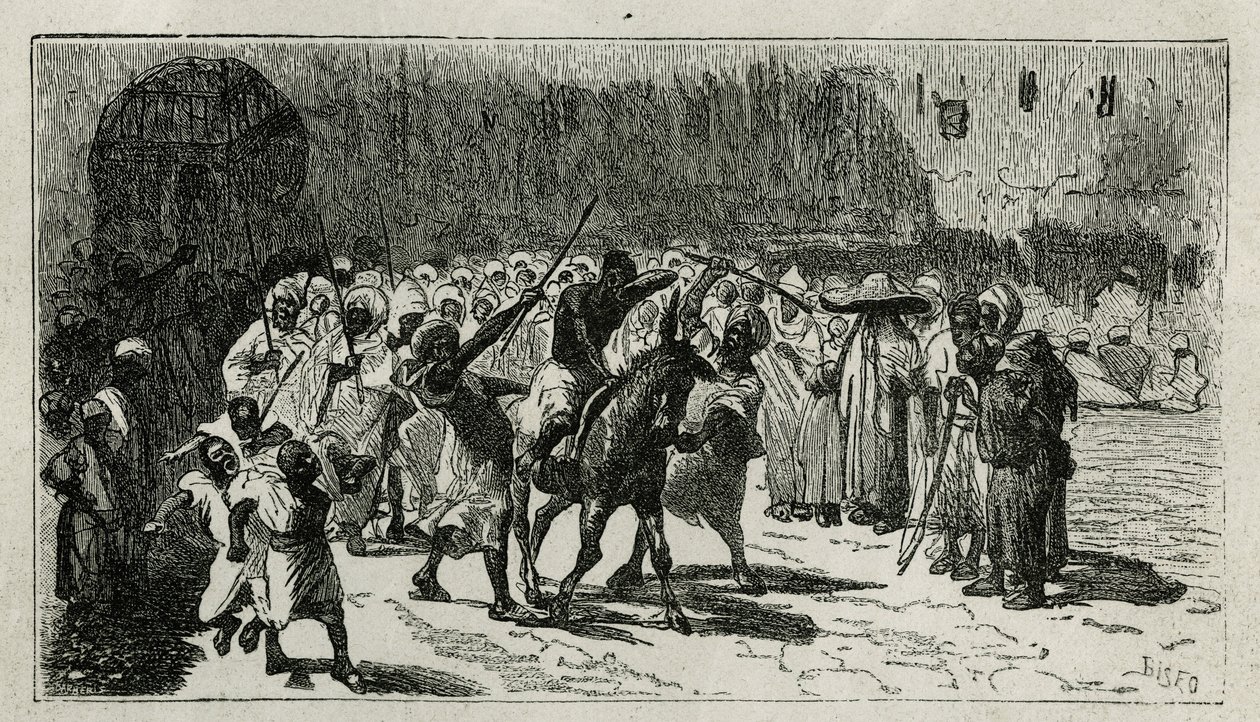 El castigo de un ladrón, subido en una mula, recibe bastonazos bajo los abucheos de la multitud, grabado por C.Biseo, para ilustrar la historia Le Maroc por Edmondo de Amicis, en 1875, publicado en Le tour du monde, bajo la dirección de Edouard Charton de Cesare Biseo
