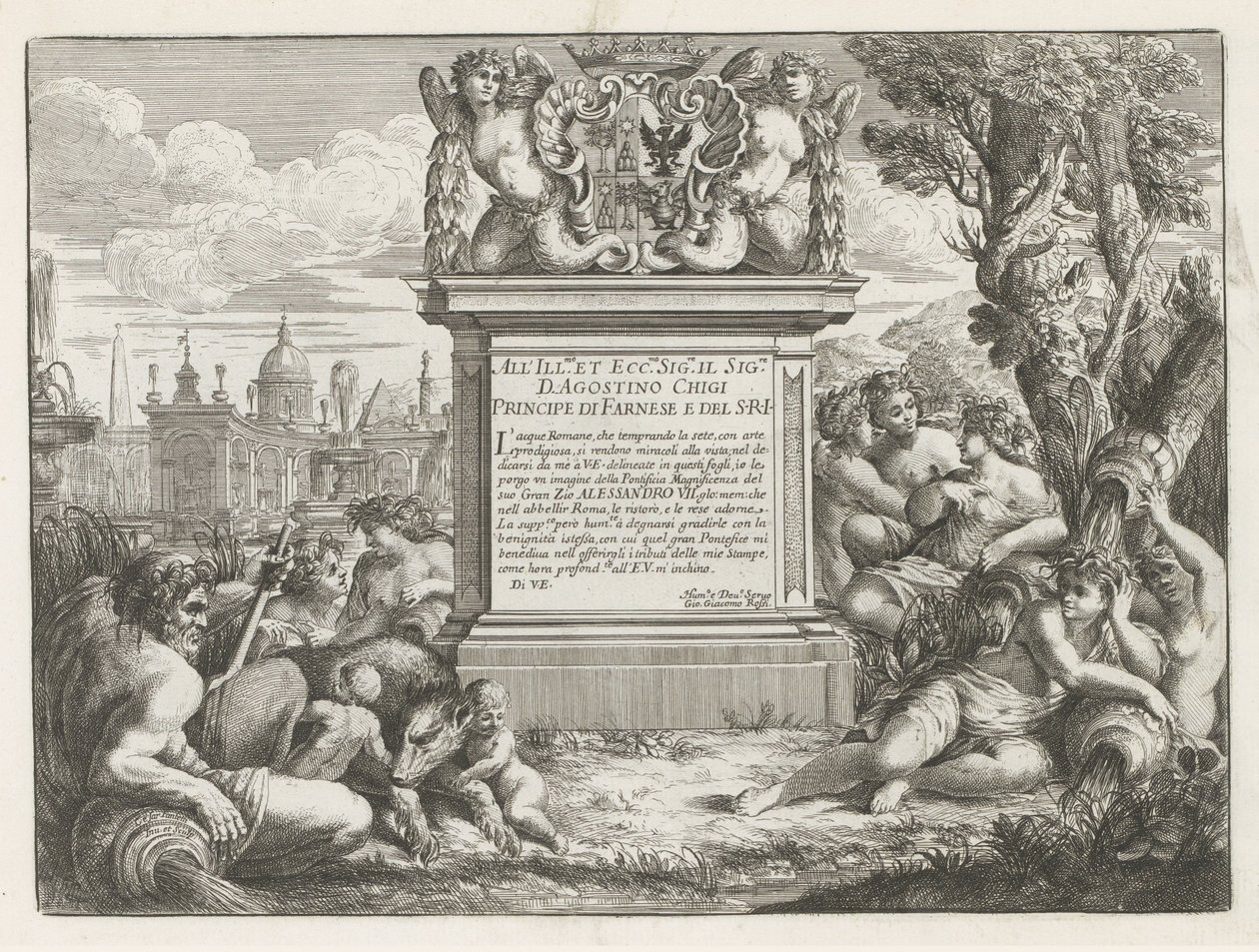 Dedicatoria y arma de Agostino Chigi y vista de Roma Fontane di Roma (título de la serie) Fuentes de Roma (título de la serie) de Cesare Fantetti