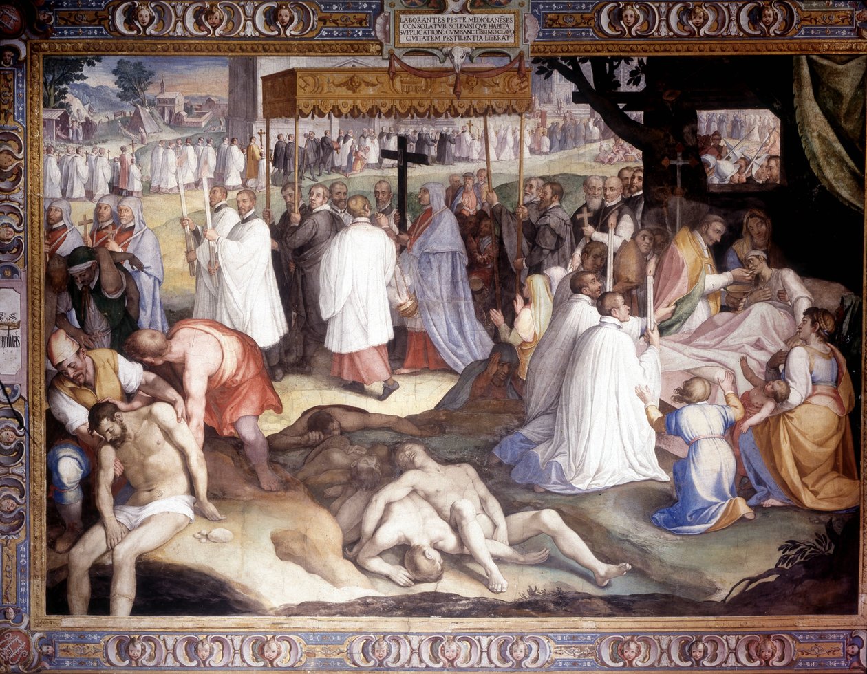 Peste de Milán: San Carlos Borromeo comunica a los moribundos. Fresco de Carlo Nebbia en el Colegio Borromeo en Pavía. Siglo XVI de Cesare Nebbia