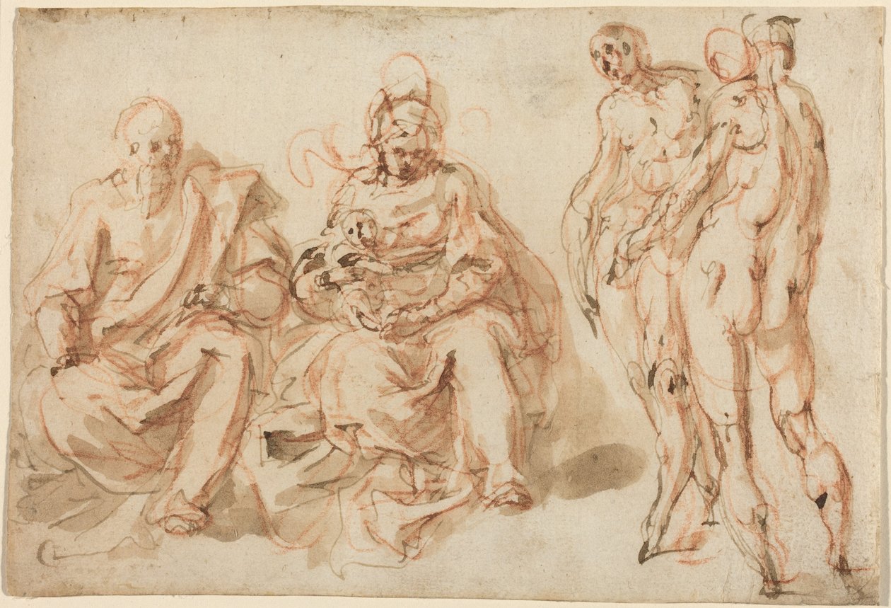 La adoración de los pastores (pluma y tinta marrón con aguada marrón claro sobre tiza roja sobre papel verjurado) de Cesare Pollini