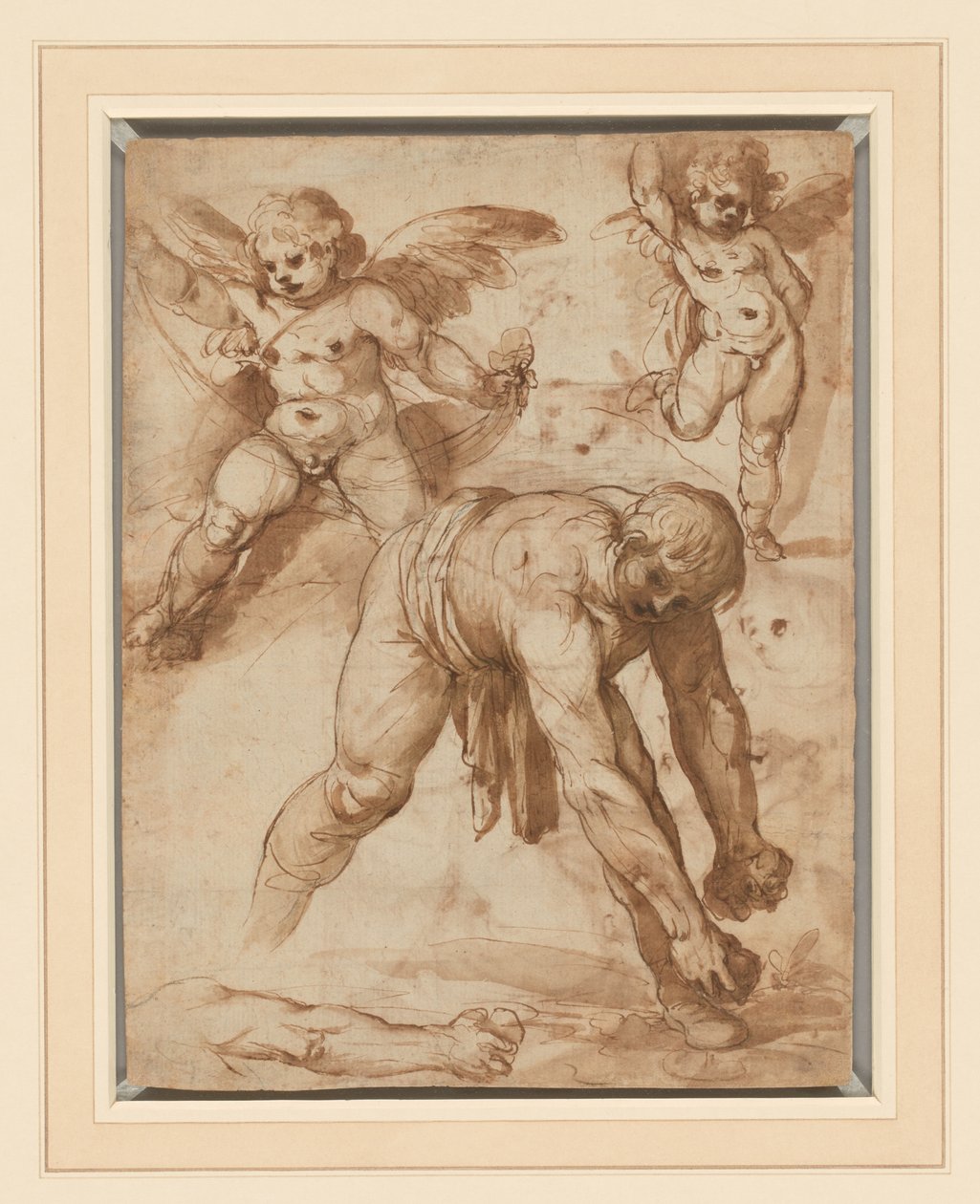 Estudios de una figura inclinada, dos putti y un brazo (recto); Descanso en la huida a Egipto (verso) de Cesare Rossetti