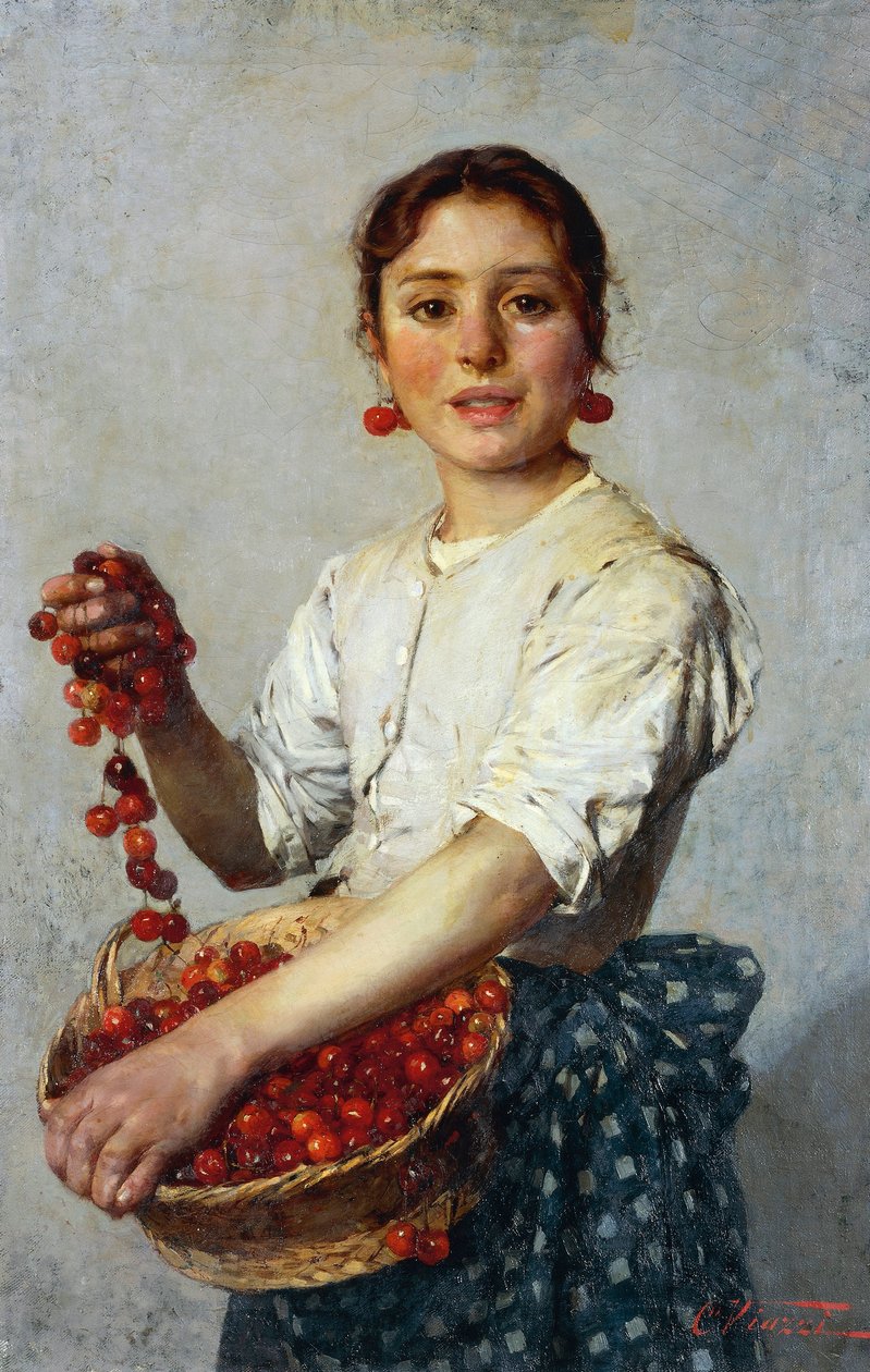 Joven con cerezas (óleo sobre lienzo) de Cesare Viazzi