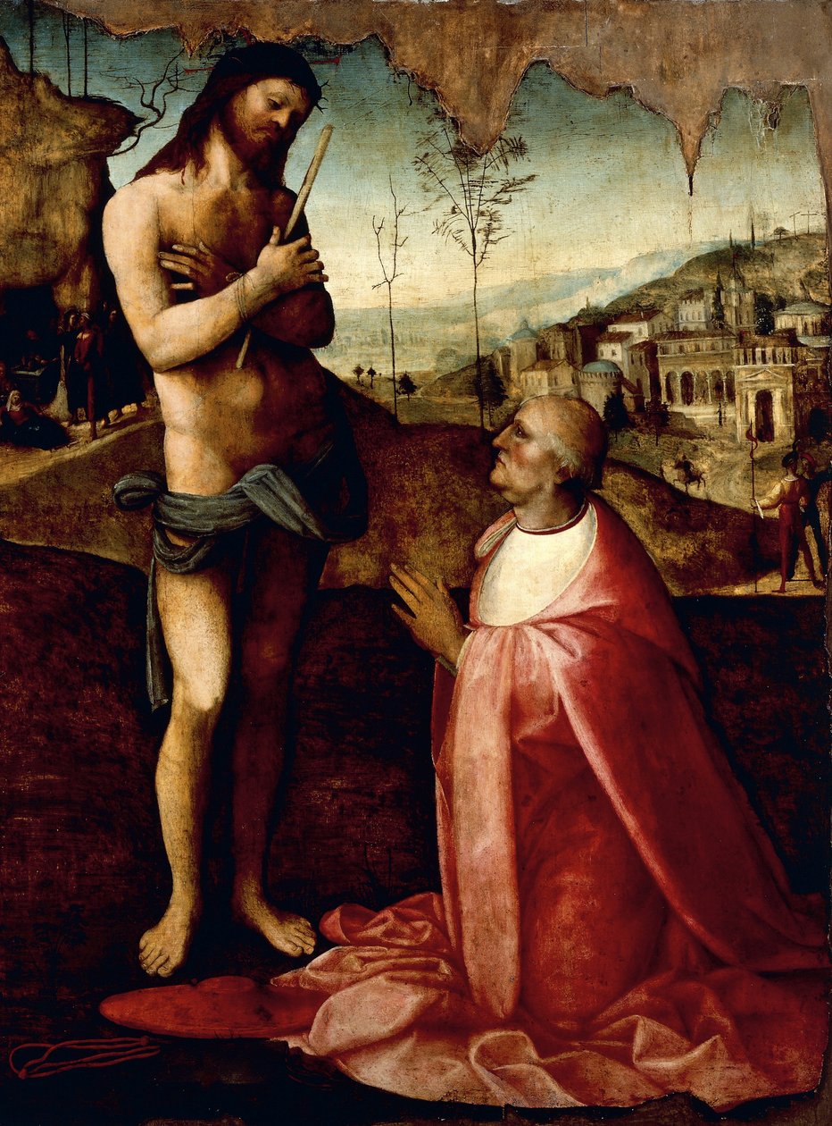 Cristo sufriente y el cardenal Oliviero Carafa en oración (pintura) de Cesare da Sesto