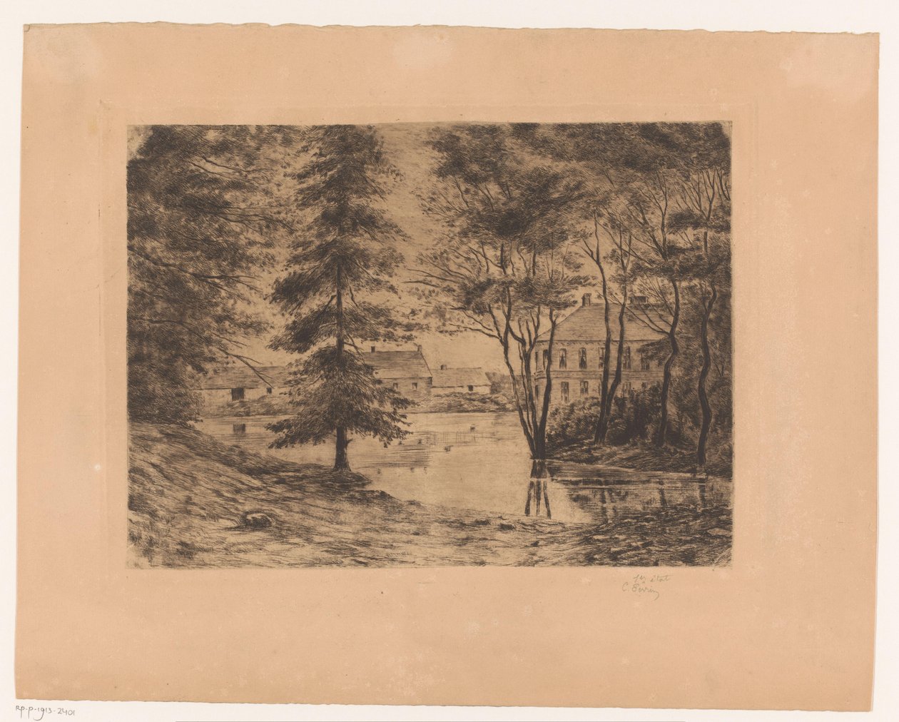 Vista del castillo de Ghlin de Ch. Perrin (signed by artist)