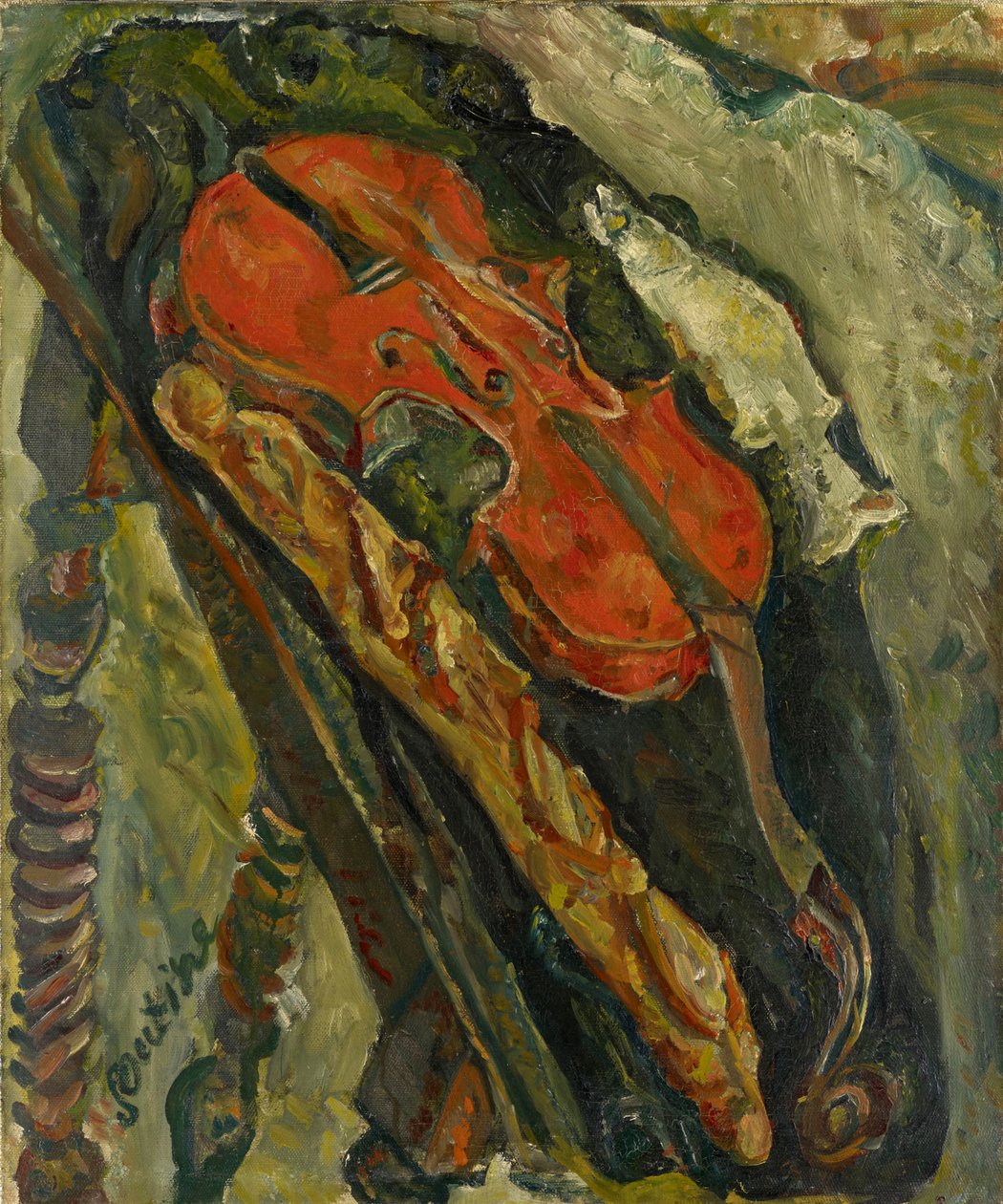Naturaleza muerta con violín, pan y pescado de Chaim Soutine