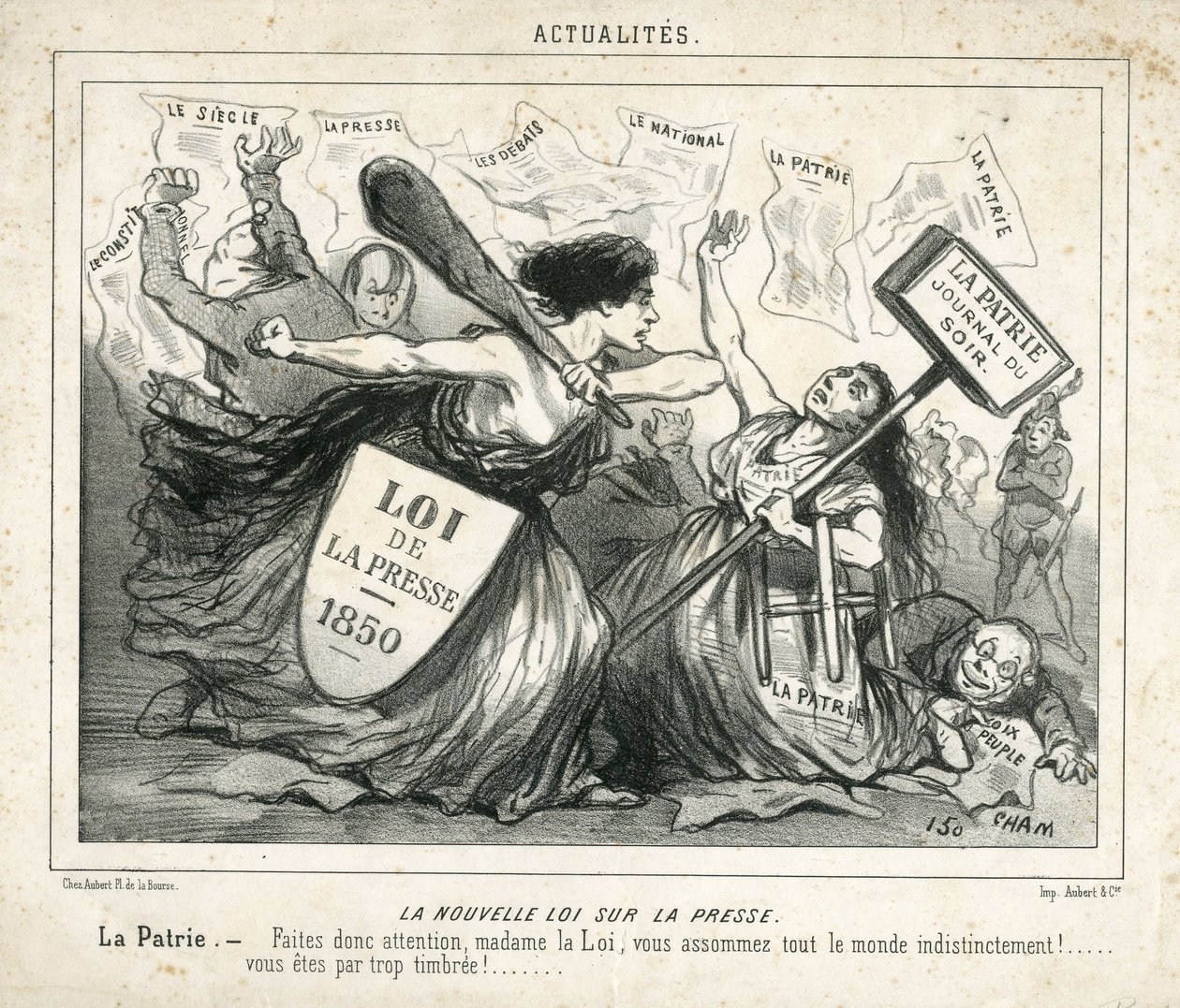 Ilustración de Cham (1819-1879) en Le Charivari, circa 1850-4-3 - La nueva ley sobre la prensa - Censura, Prensa/Medios, Ley - Proudhon Pierre-Joseph (1809-1965), Girardin Emile de (1806-1881) - Alegoría de Amédée de Noé
