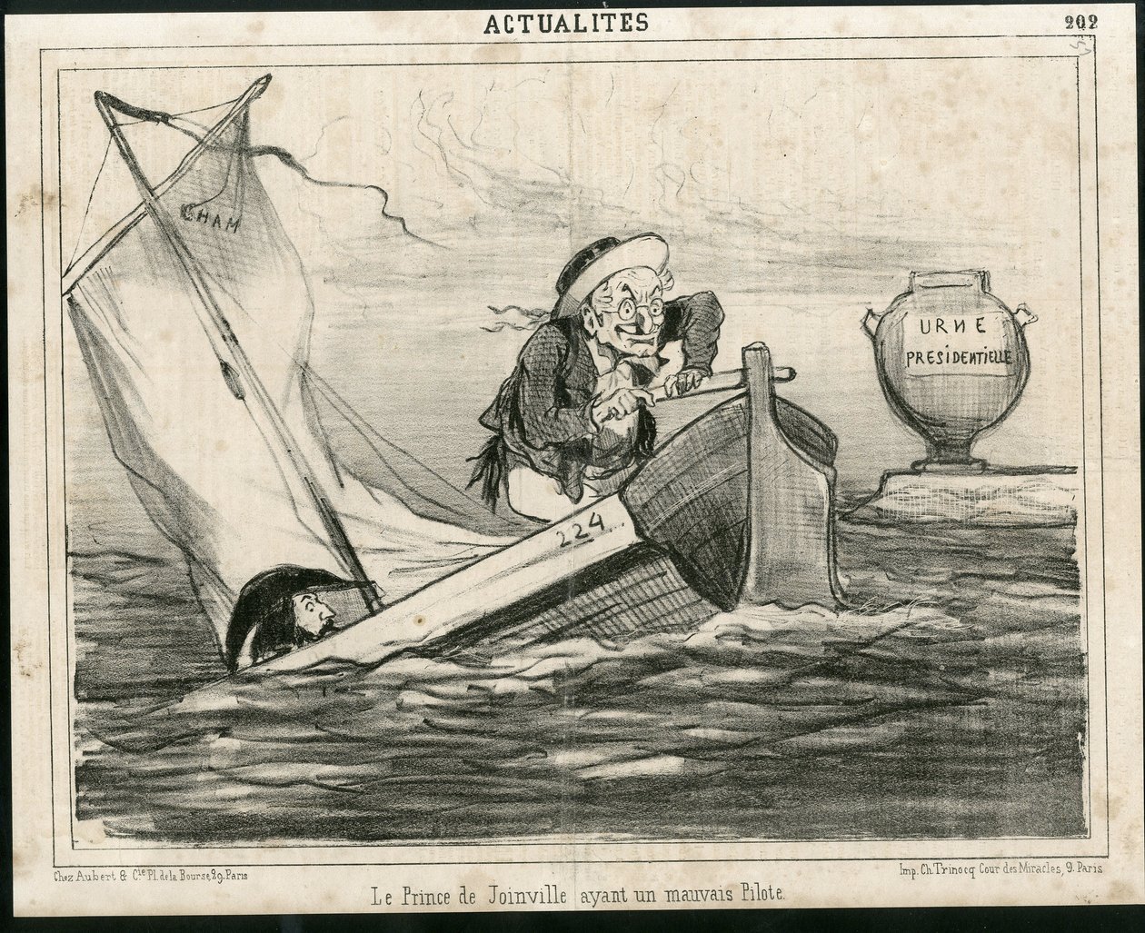 Ilustración de Cham (1819-1879) en Le Charivari, circa 1850 - El Príncipe de Joinville con un mal piloto - Elecciones, Presidente de la República, Marina Marítima Náutica Balnearia - Thiers Adolphe, François d