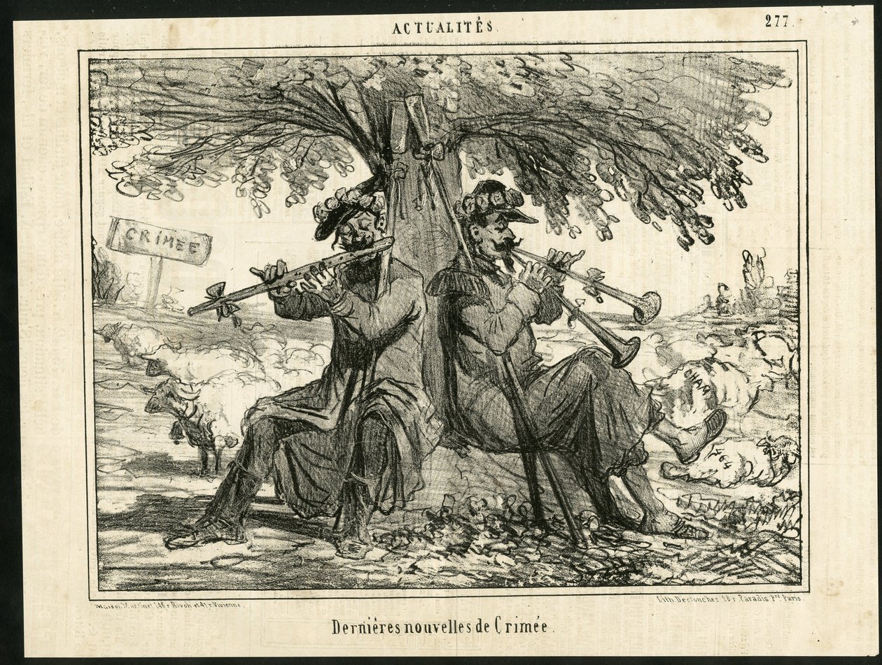 Ilustración de Cham en Le Charivari - Últimas noticias de Crimea - Guerra, Música, Crimea de Amédée de Noé
