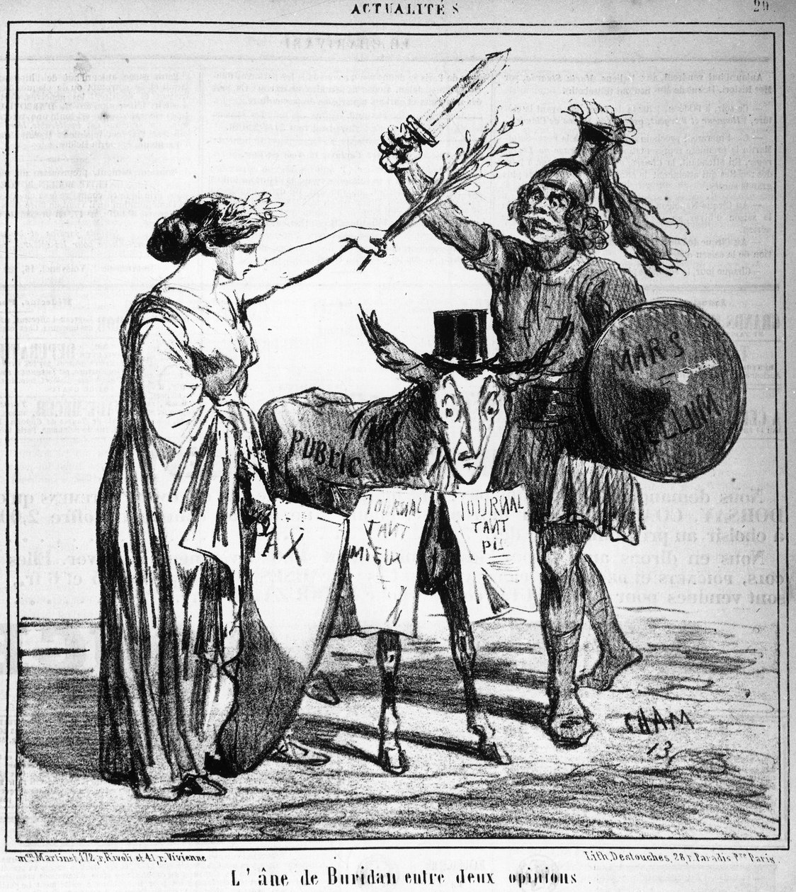 El burro de Buridán entre dos opiniones - por Cham, en “Charivari” del 29/04/1859. de Amédée de Noé