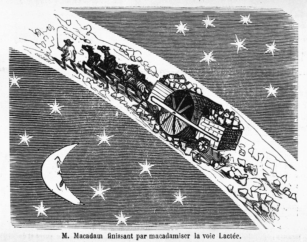 Caricatura sobre el revestimiento de piedra de las calles, MacAdam, ingeniero escocés (1756-1838): “M. Macadam terminando por macadamizar la Vía Láctea” - en “Álbum Charivarique”, ilustración de Cham de Amédée de Noé
