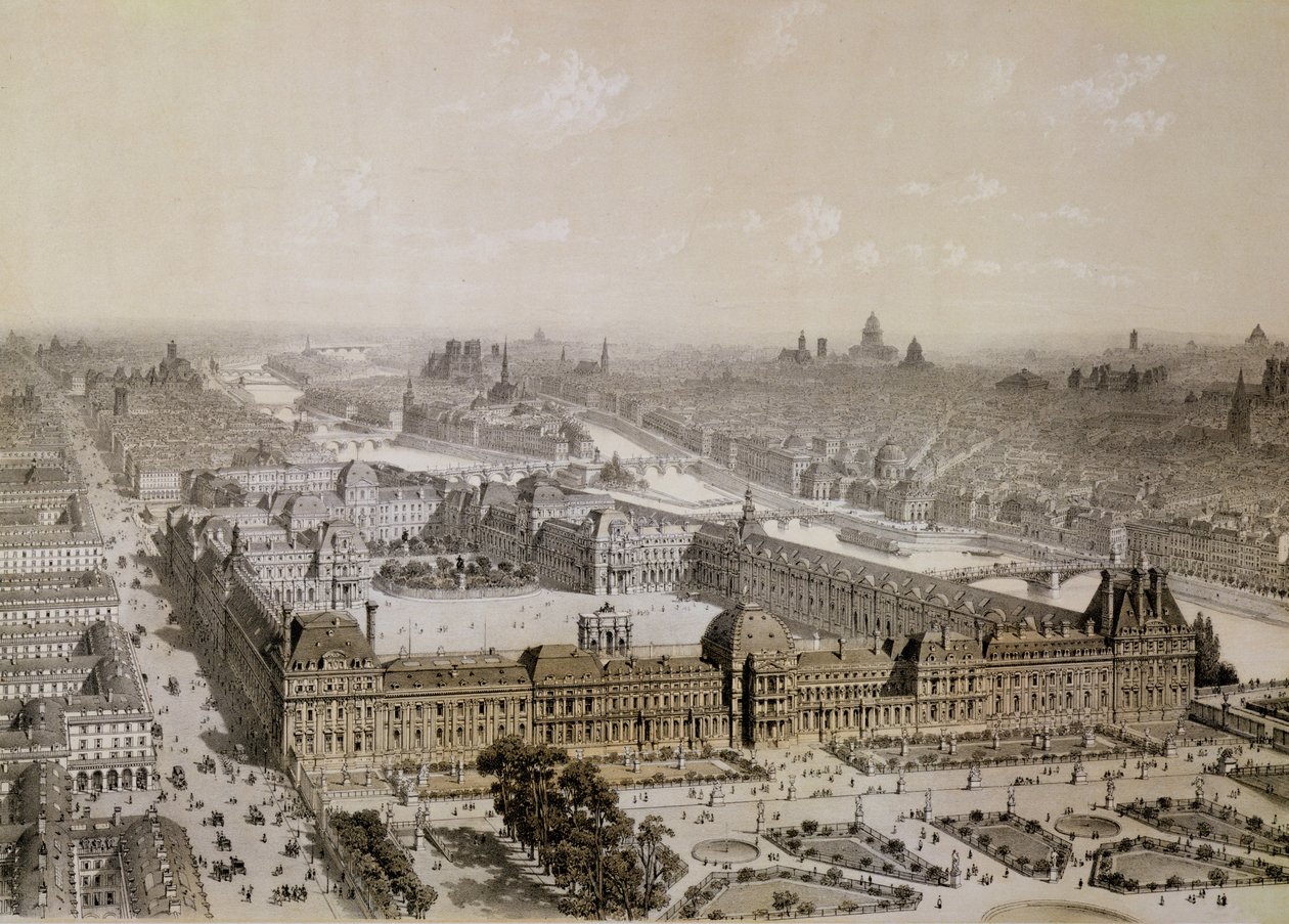 El Louvre terminado y la nueva Rue de Rivoli, grabado por Philippe Benoist de Chapuis