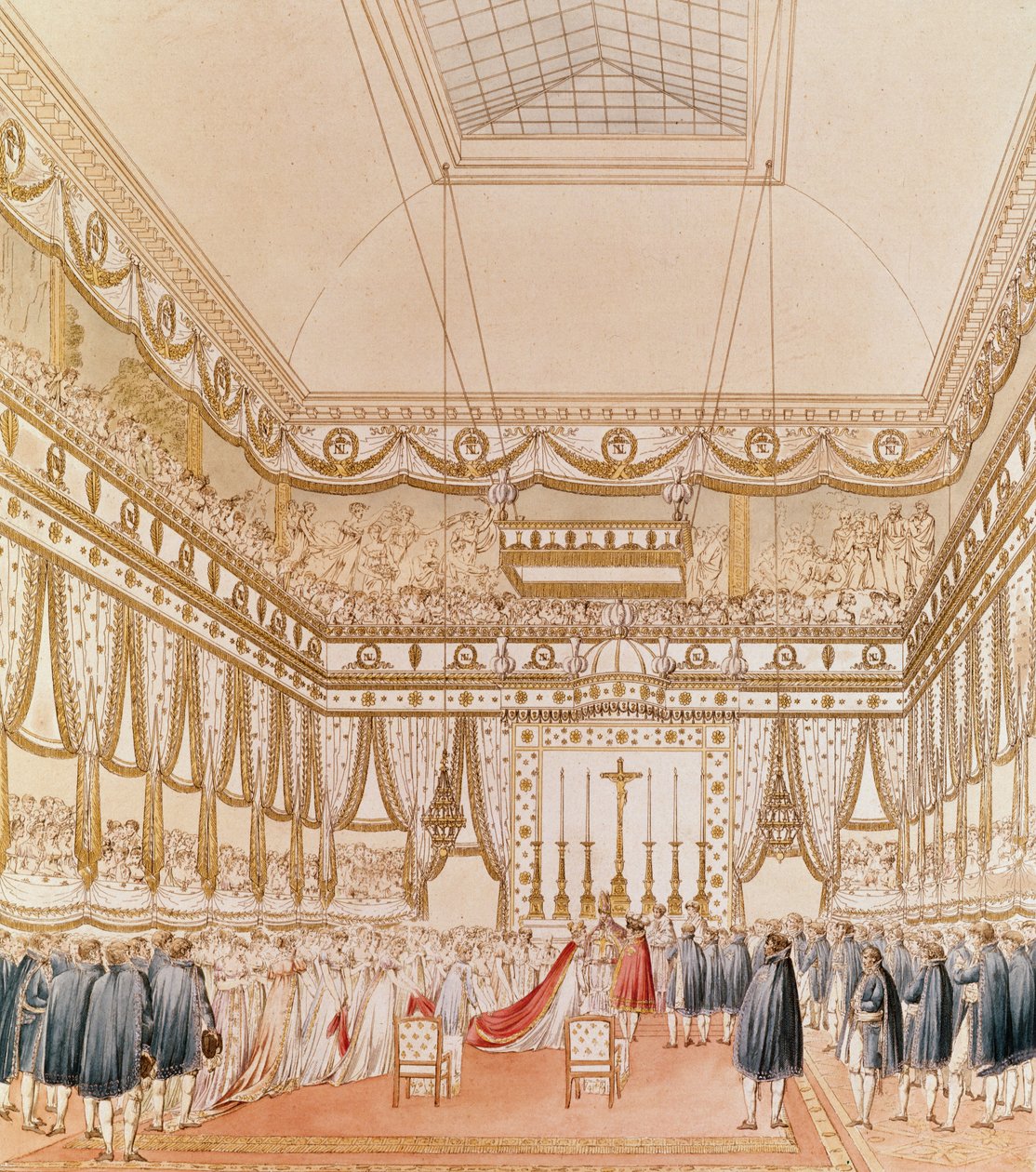 El matrimonio de Napoleón y María Luisa en la Capilla del Louvre (grabado en color) de Charles Percier
