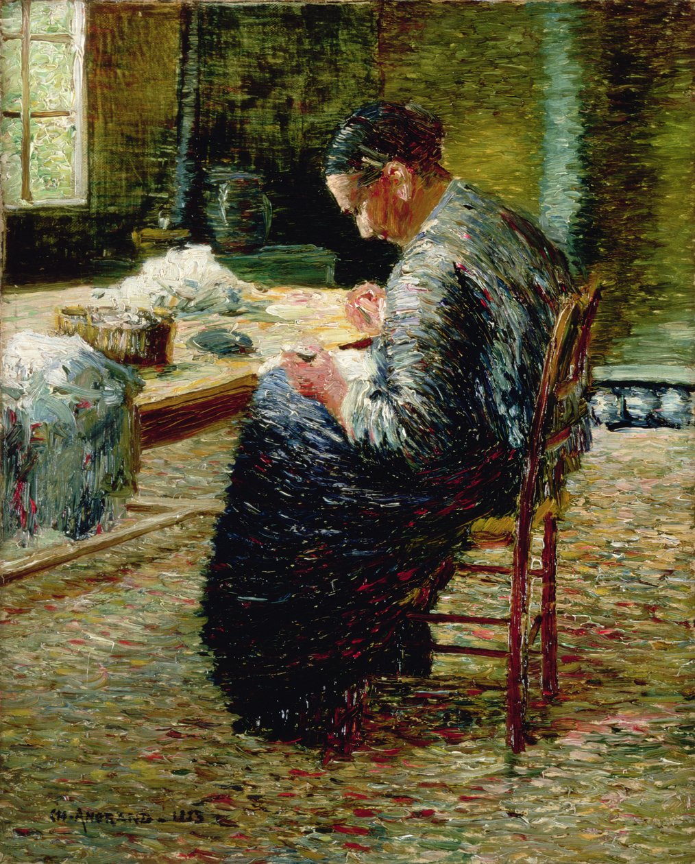 Retrato de la Madre del Artista Cosiendo, 1885 de Charles Angrand
