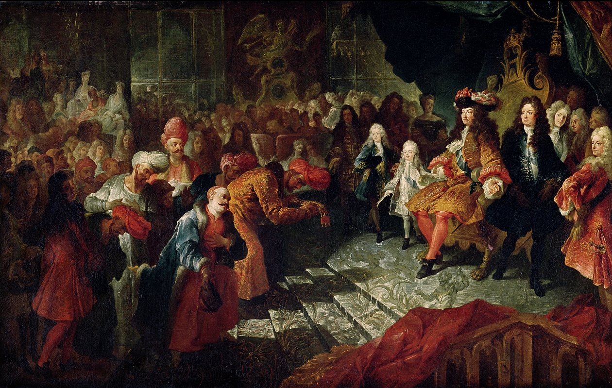 Luis XIV (1638-1715) recibiendo al embajador persa Mohammed Reza Beg en la Galería de los Espejos en Versalles, 19 de febrero de 1715 de Charles Antoine Coypel