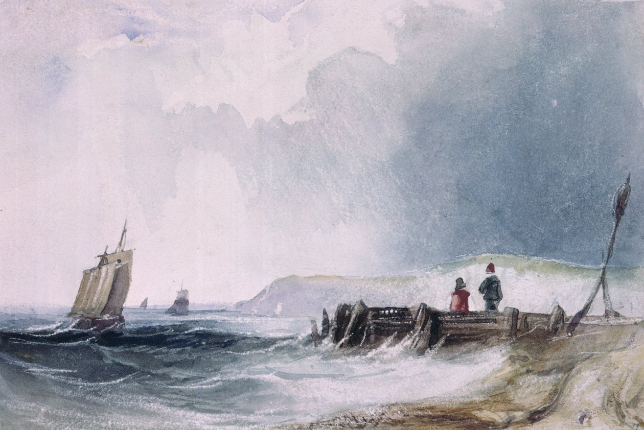 Escena costera, con barcos y muelle de madera de Charles Bentley