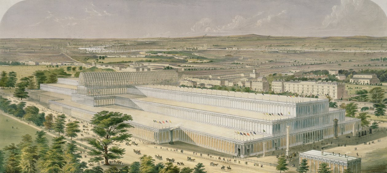 Vista Aeronáutica del Palacio de la Industria para Todas las Naciones, desde Kensington Gardens, pub. por Ackermann, 1851 de Charles Burton