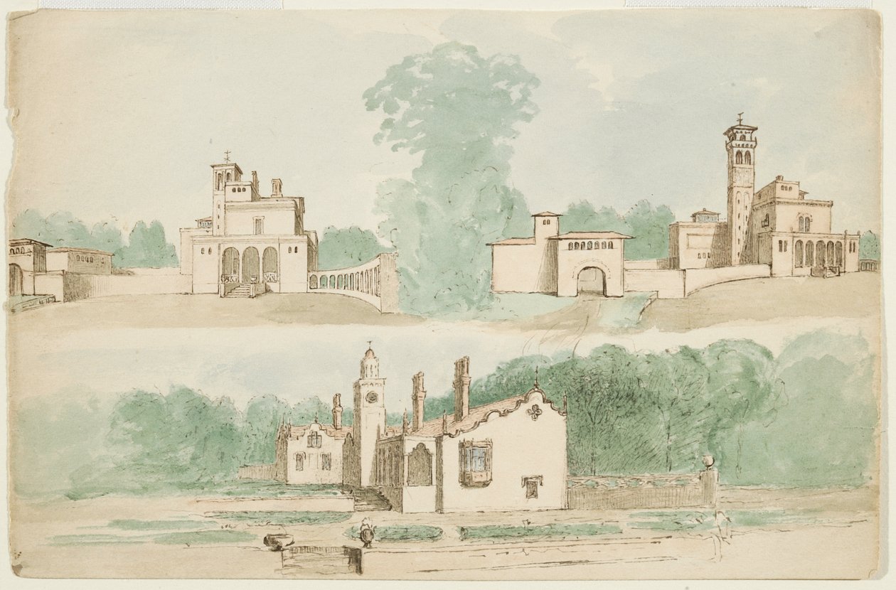 Tres bocetos arquitectónicos de villas de Charles Cromwell Ingham