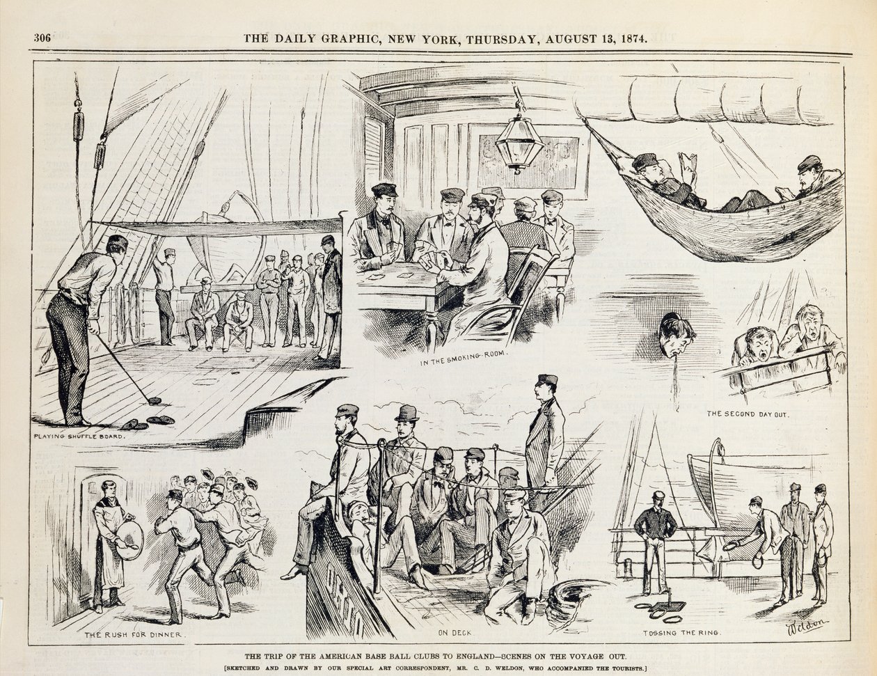 El viaje de los clubes de béisbol americanos a Inglaterra (El viaje de ida) publicado en The New York Daily Graphic, 1874 de Charles Weld