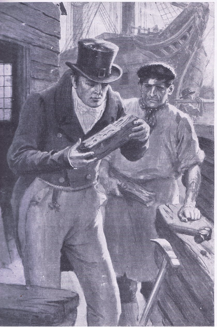 Brunel ve un trozo de madera de barco perforado por un teredo, inspirando su idea de excavar bajo el Támesis de Charles Edmund Brock
