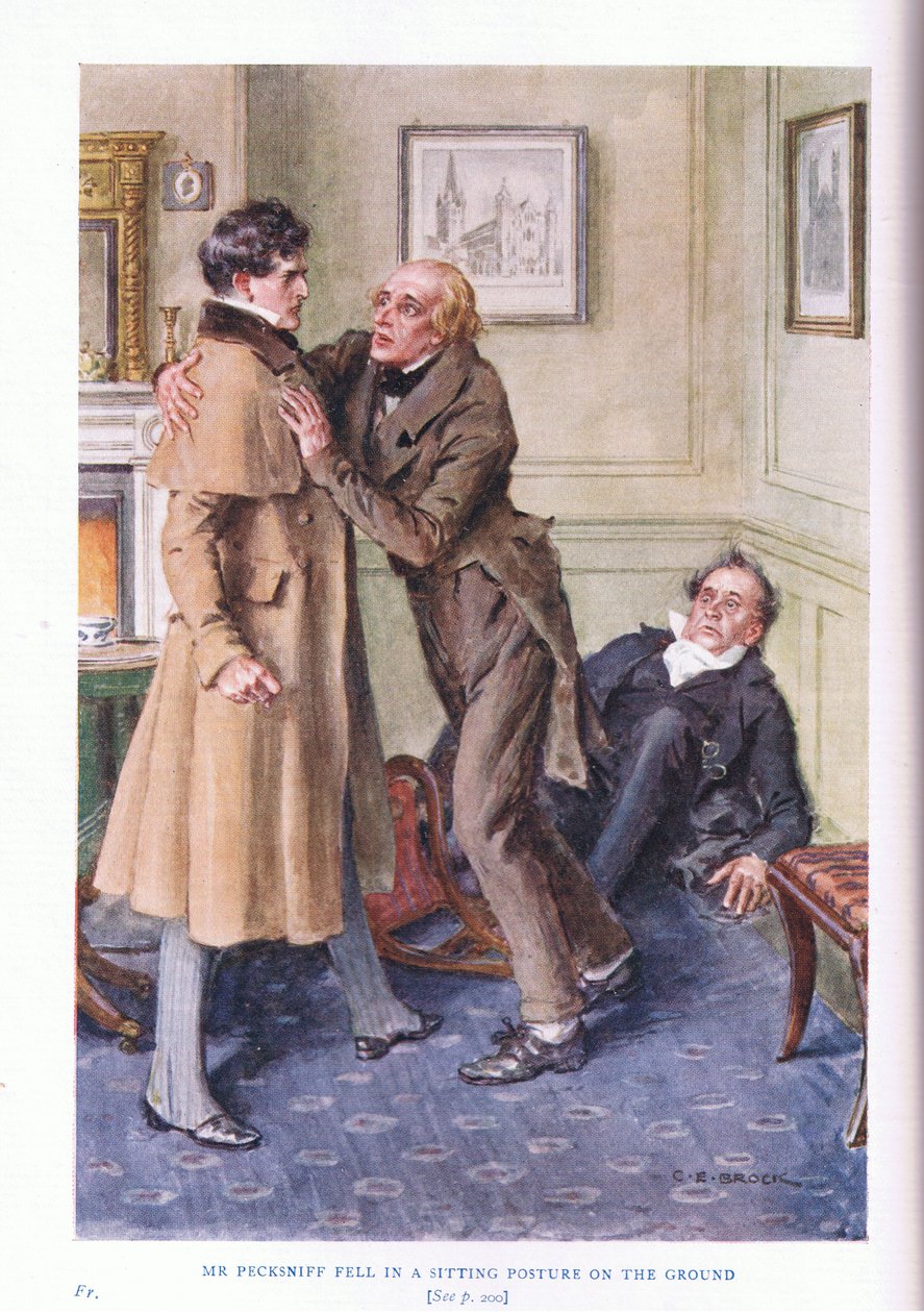 El Sr. Pecksniff cayó en una postura sentada en el suelo de Charles Edmund Brock