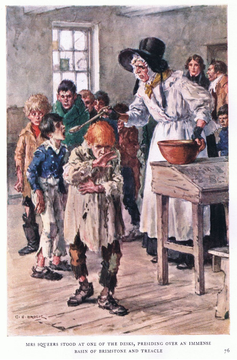 La Sra. Squeers estaba al final de los escritorios, presidiendo una inmensa palangana de azufre y melaza de Charles Edmund Brock