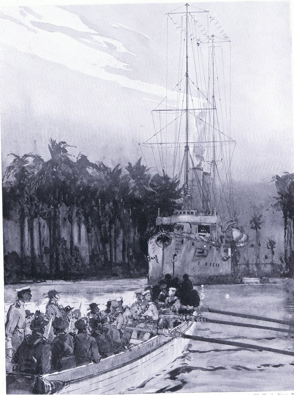 Captura sorpresa del teniente J M Jackson del cañonero alemán Komet frente a la costa de Nueva Guinea de Charles Edward Dixon