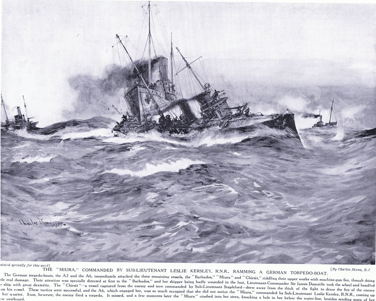 El Miura comandado por el subteniente Lesley Kelsey RNR embistiendo un torpedero alemán, octubre 1914 de Charles Edward Dixon