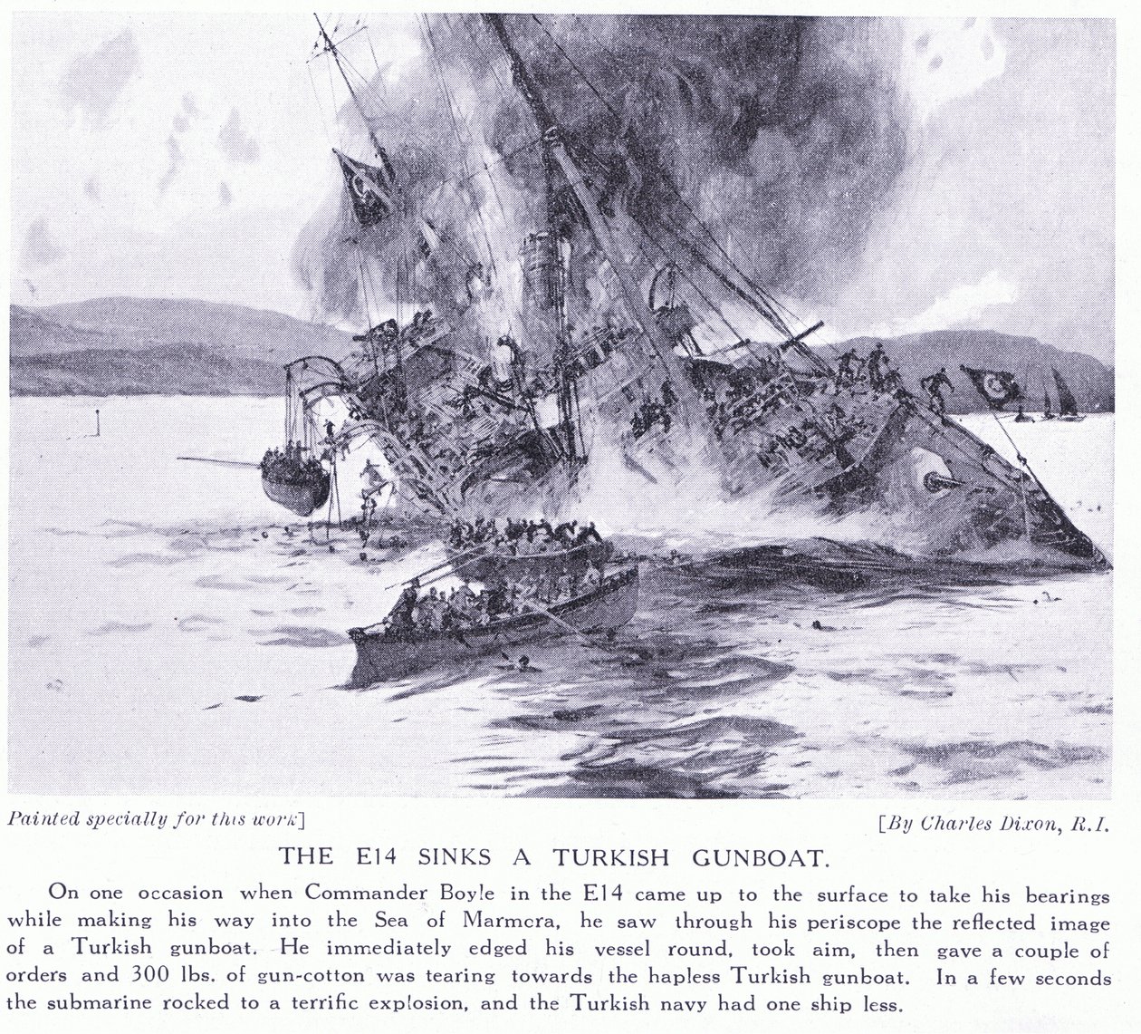 El E14 hunde un cañonero turco en el Mar de Mármara, 1915 de Charles Edward Dixon