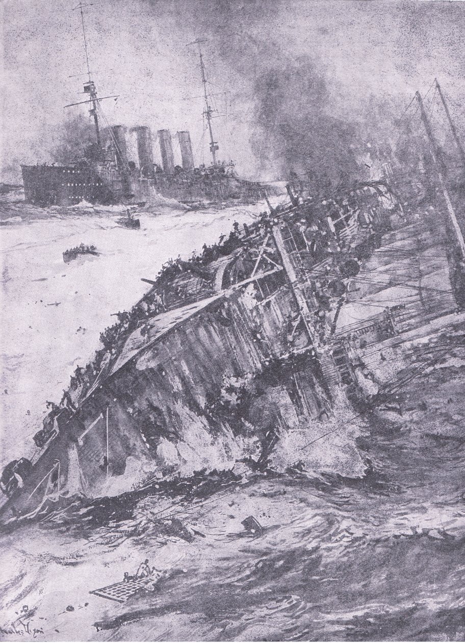 El desastre en el Mar del Norte: el hundimiento del Aboukir, de History of the Great War Vol 3 publicado por Waverley Book Co Limited, c.1920 de Charles Edward Dixon