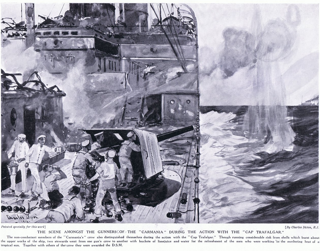 La escena entre los artilleros del Carmania durante la acción con el Cap Trafalgar de Charles Edward Dixon