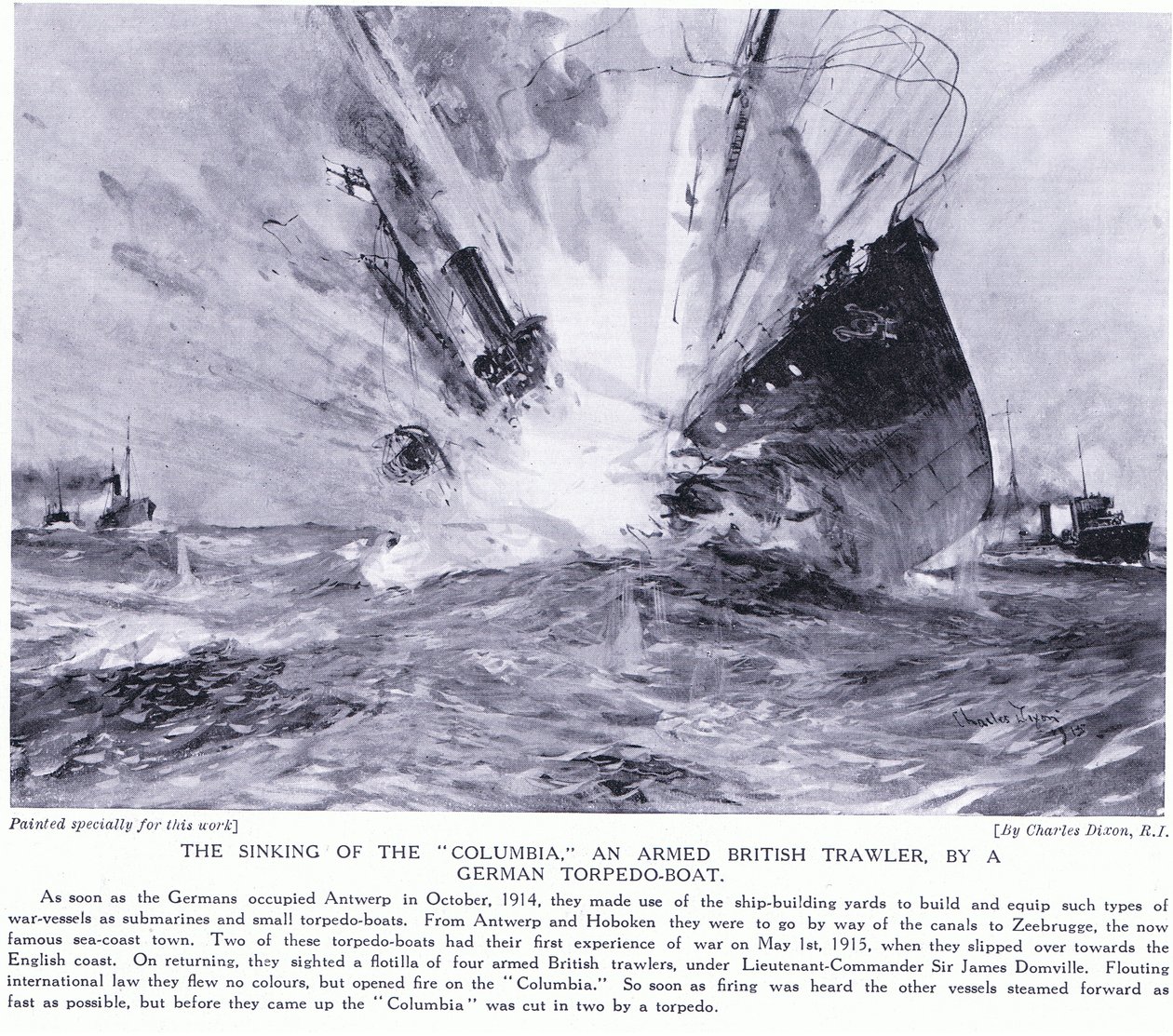 El hundimiento del Columbia, un arrastrero británico armado, por un torpedero alemán en la costa inglesa, octubre de 1914 de Charles Edward Dixon