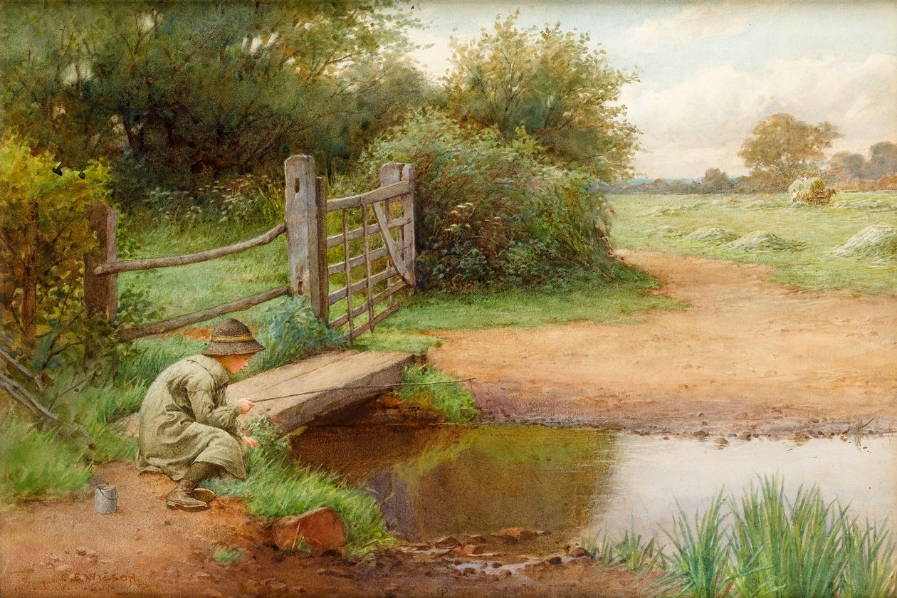 Probando su suerte, pescando en el arroyo de Charles Edward Wilson