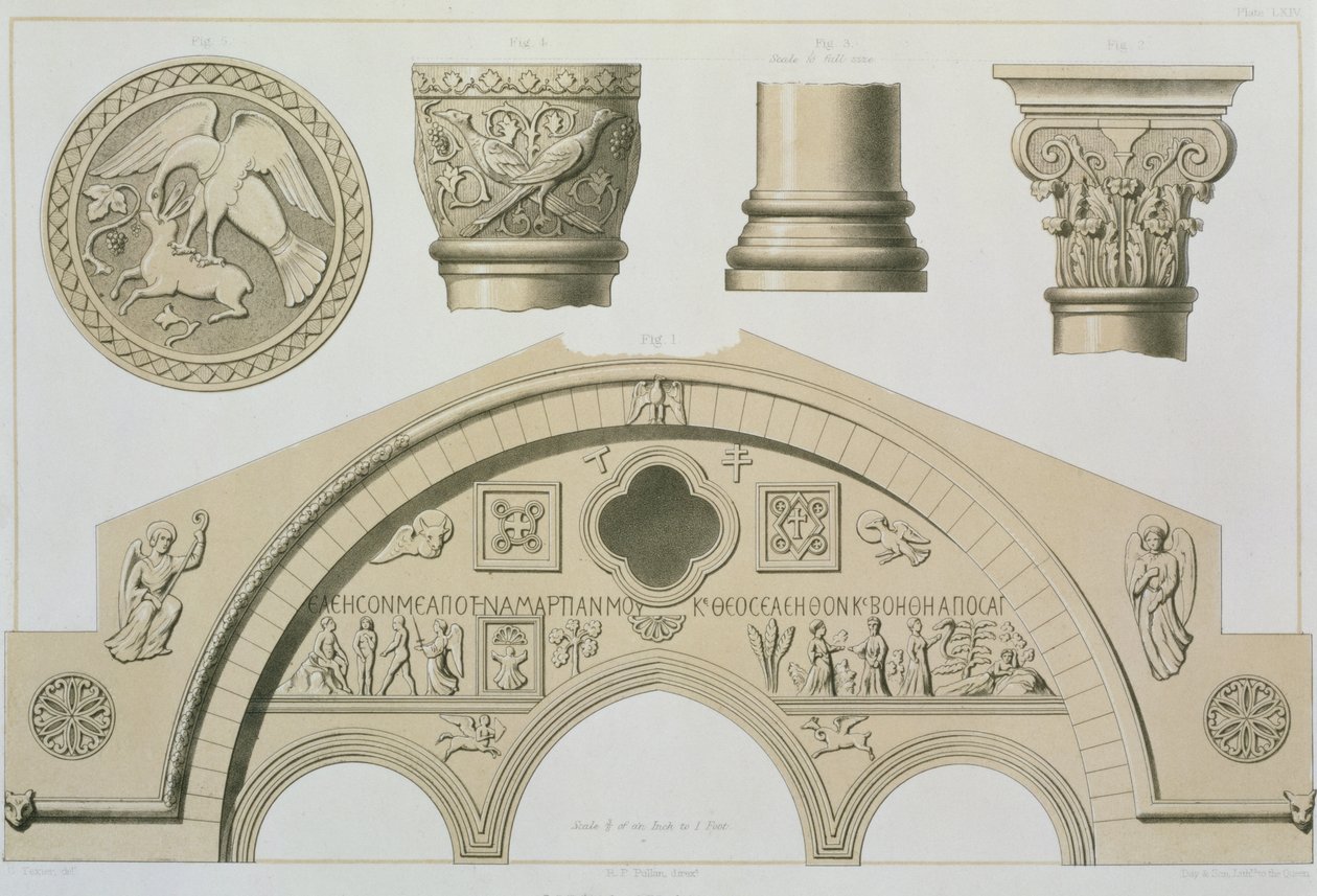Detalles de un arco esculpido y columnas de Santa Sofía, Trebisonda, pub. por Day und Son de Charles Felix Marie Texier