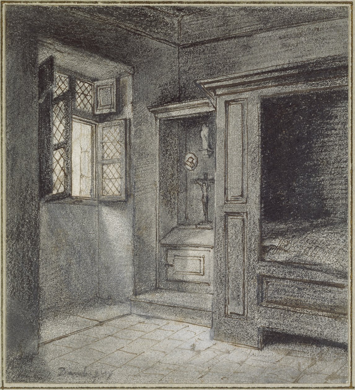 Interior de un dormitorio con un santuario a la izquierda de Charles Francois Daubigny