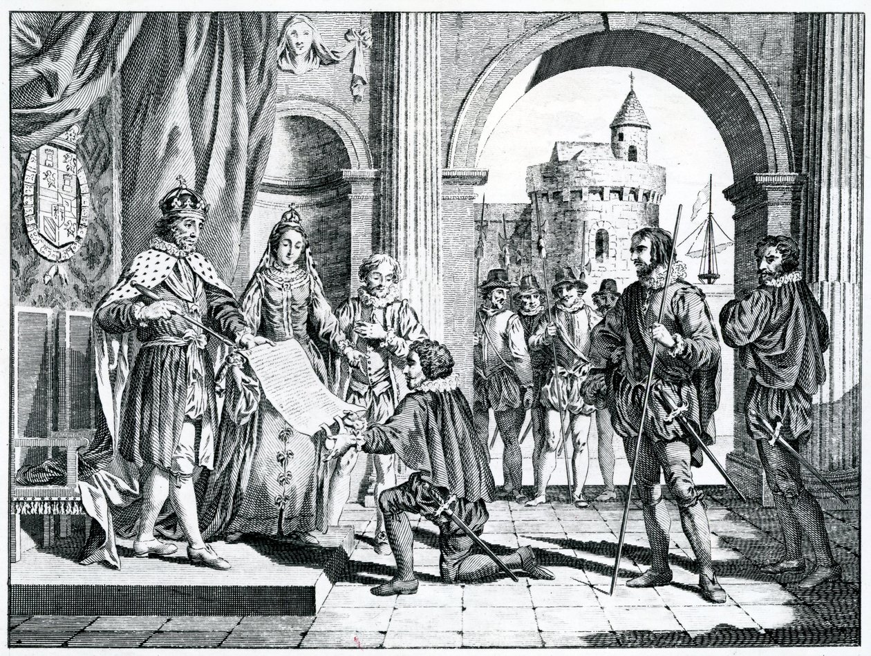 Cristóbal Colón presentando un informe de su descubrimiento de América al Rey y la Reina de España de Charles Grignion