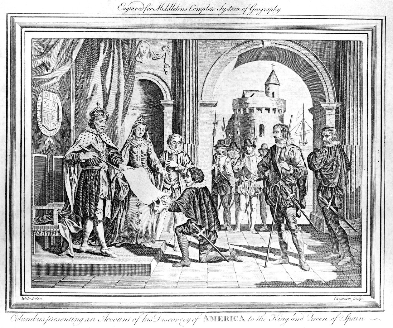 Cristóbal Colón (1451-1506) presentando un informe de su descubrimiento de América al rey y la reina de España de Charles Grignion