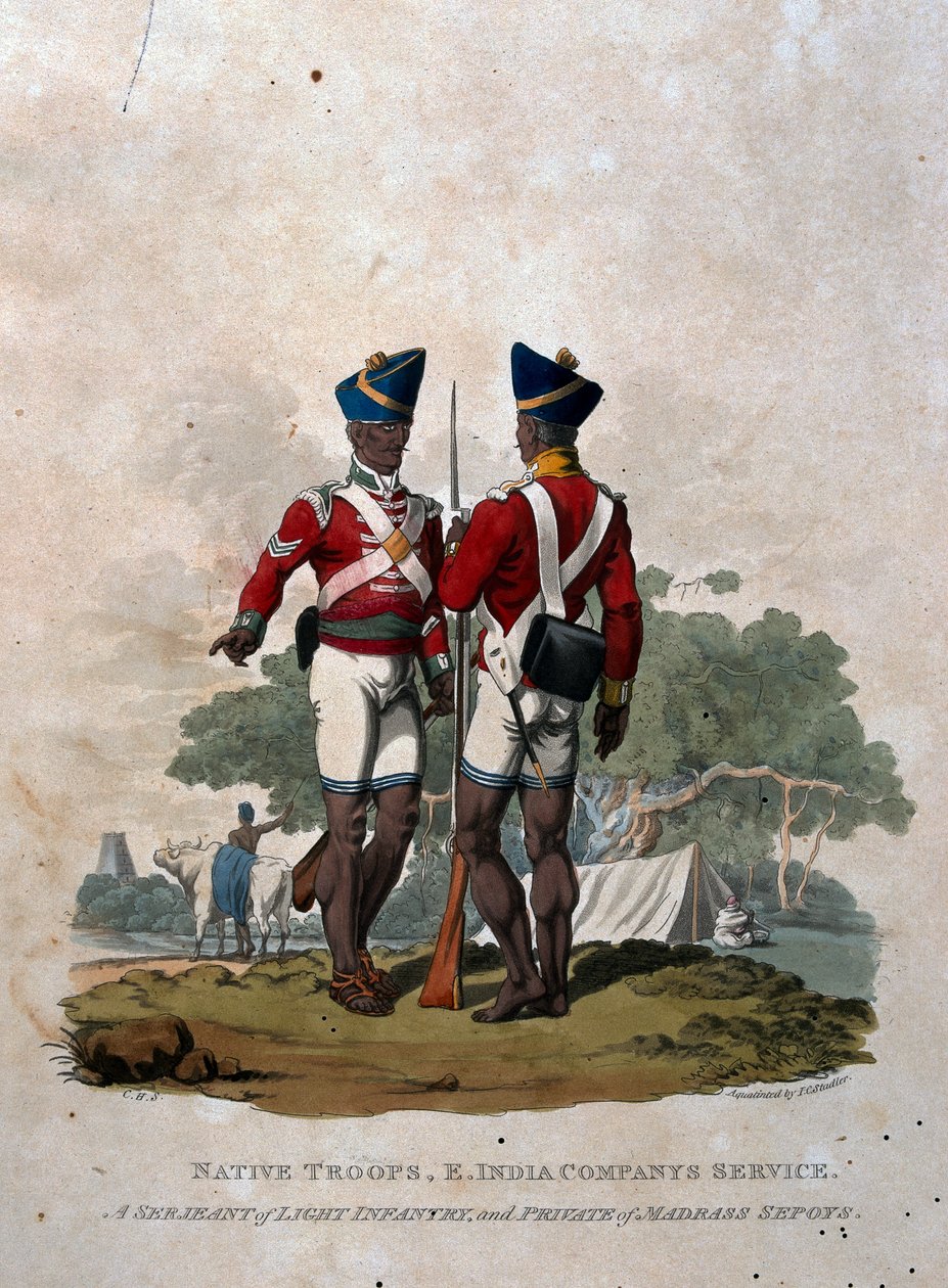 Tropas nativas, Servicio de la Compañía de las Indias Orientales, un sargento de infantería ligera y un soldado de los cipayos de Madrás, de 