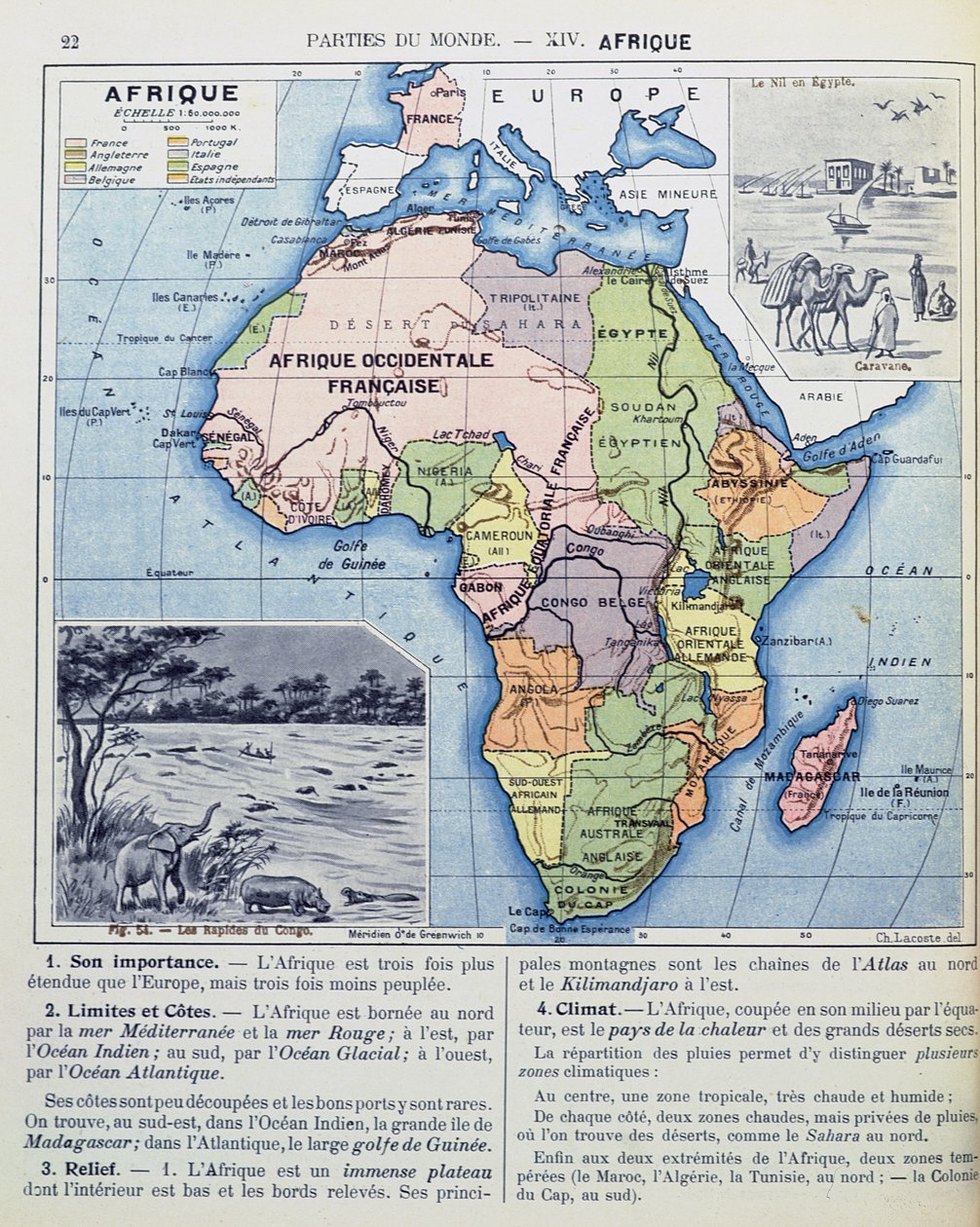 Mapa de África Colonial, de un libro escolar, publicado en 1911 de Charles Lacoste