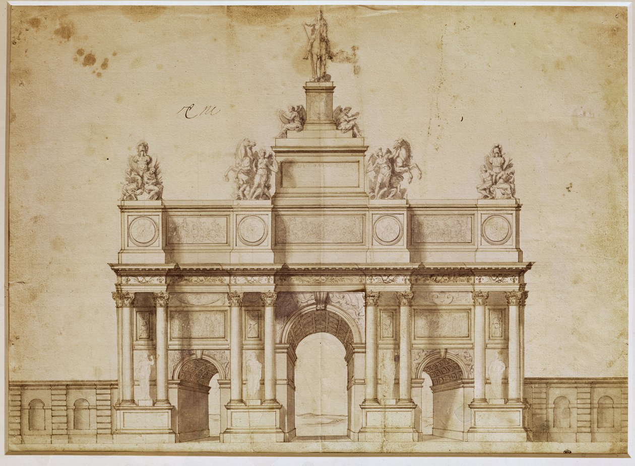 Propuesta para el Arco de Triunfo, rue Saint-Antoine, París, c.1668 (pluma y tinta marrón sobre papel) de Charles Le Brun