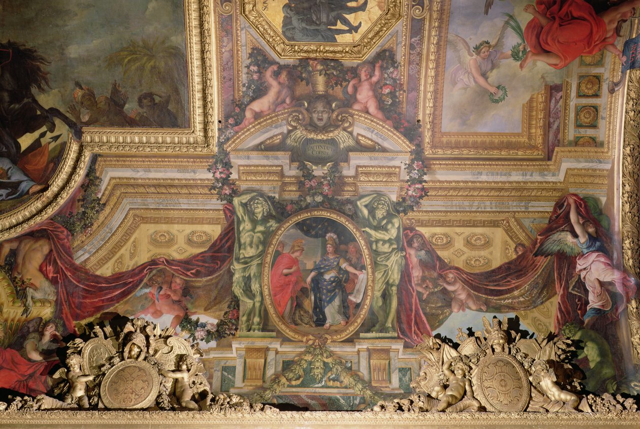 La expiación por los ataques corsos en 1664, pintura del techo de la Galería de los Espejos de Charles Le Brun