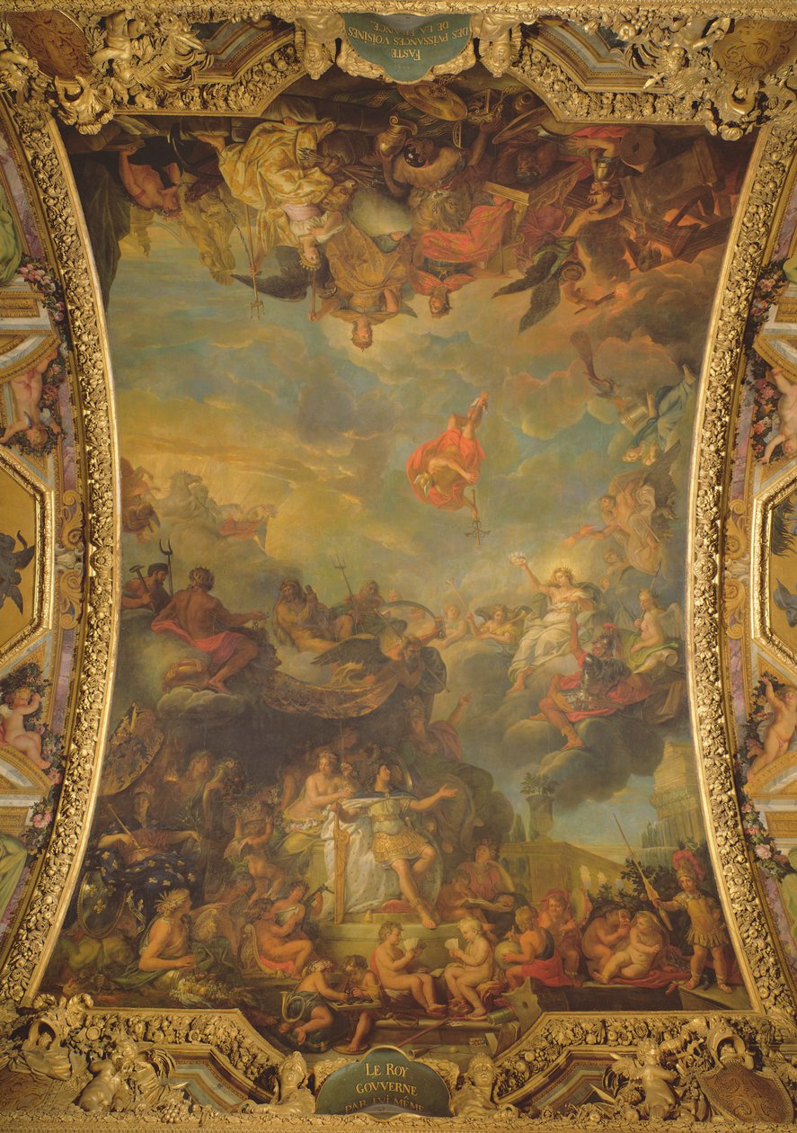 Vista del Rey Luis XIV (1638-1715) gobernando solo en 1661 y los prósperos poderes vecinos de Francia, pintura del techo de la Galerie des Glaces de Charles Le Brun