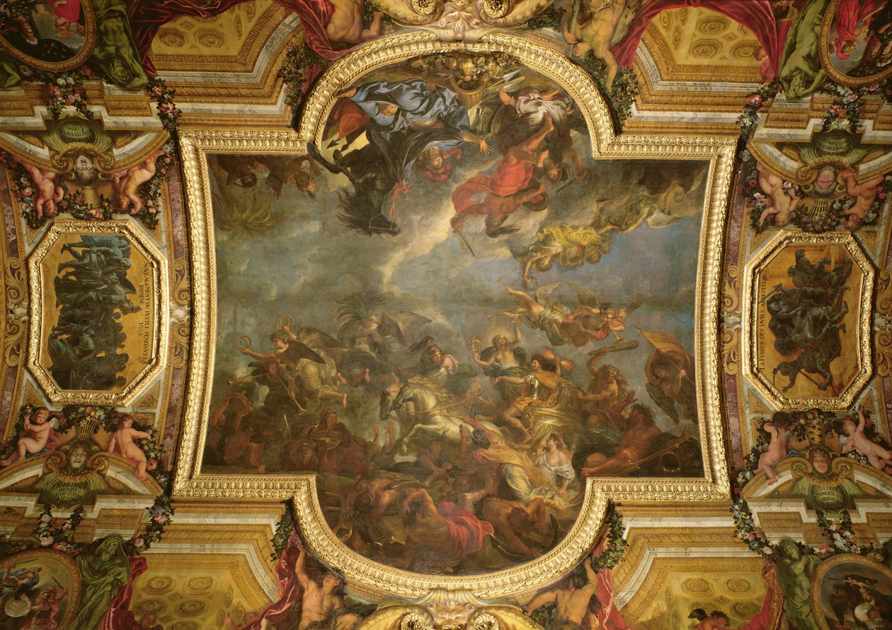 Vista del Rey tomando Maastricht en trece días en 1673 y el paso sobre el Rin en presencia de los enemigos en 1672, pintura del techo de la Galerie des Glaces, 1678-86 de Charles Le Brun