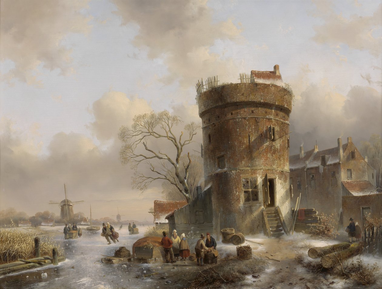 Paisaje invernal con figuras en un río congelado cerca de una torre de Charles Henri Joseph Leickert