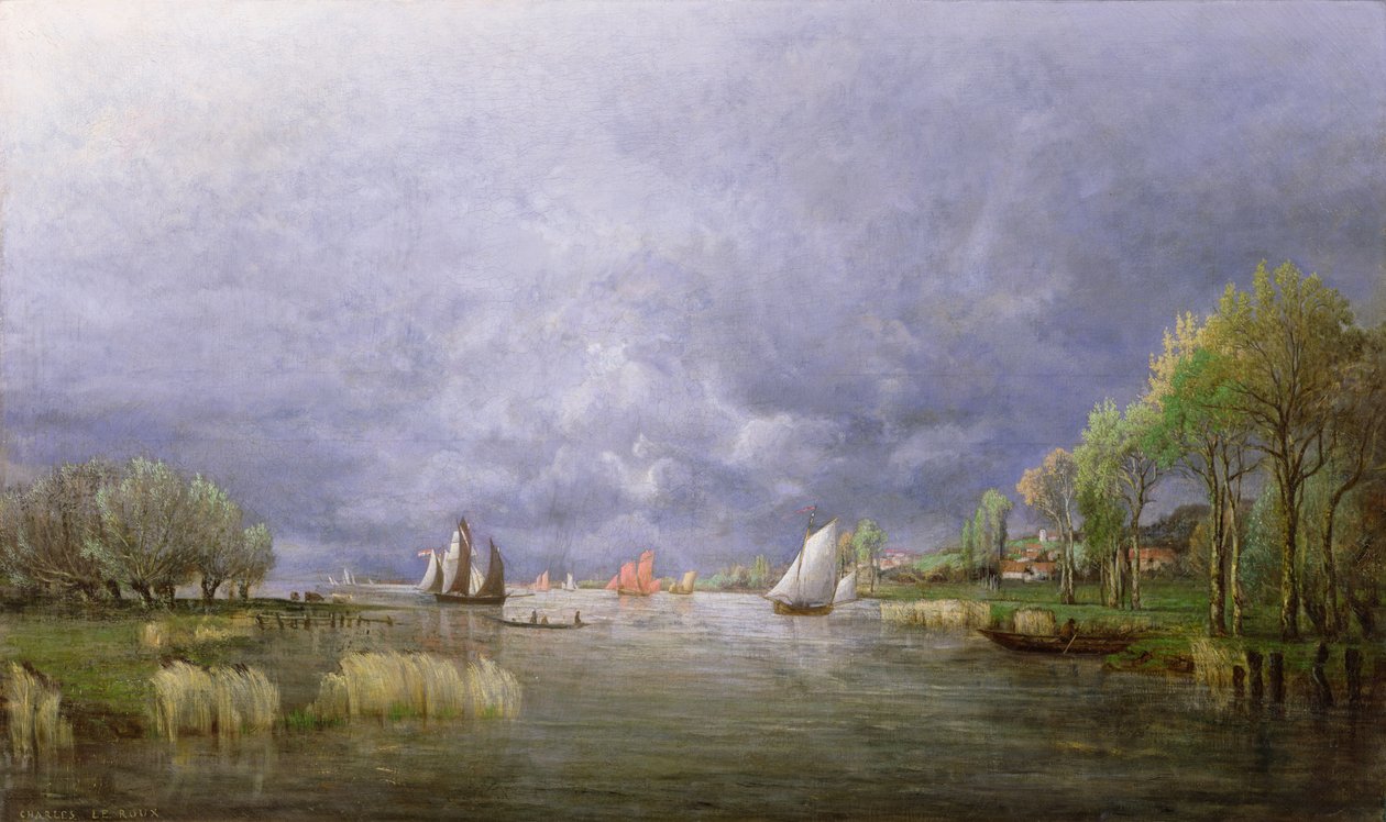 Orillas del Loira en primavera, efecto de tormenta, 1857 de Charles Leroux
