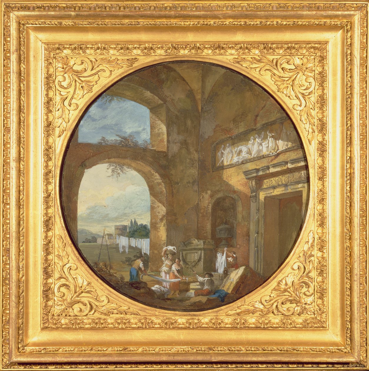 Interior de una ruina antigua, con lavanderas, 1763 de Charles Louis Clerisseau