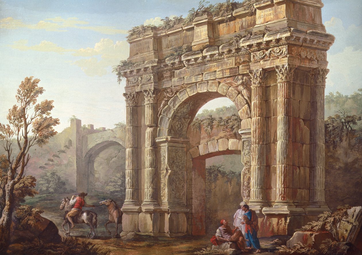 Campesinos cerca del Arco de Sergio en Poia de Charles Louis Clerisseau